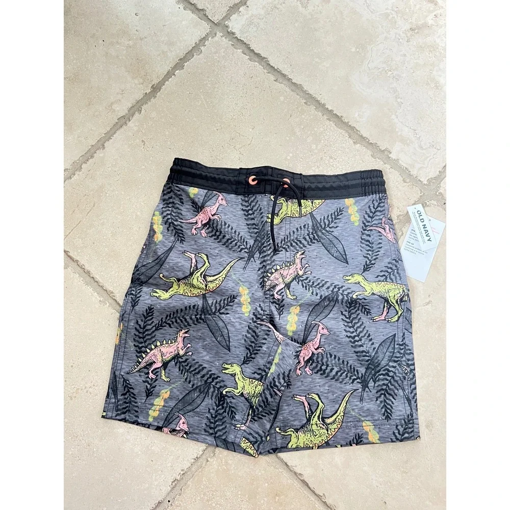 NEW Old Navy Boys M (8) Dinosaur Print Swim Trunks Gray‎ UPF 50 Board Shorts